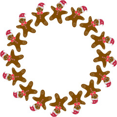 Christmas wreath with gingerbread man, decorative border doodle style isolated on white background