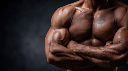 Fototapeta premium Dynamic side chest pose showcasing bicep thickness and chest development in a studio environment fitness inspiration