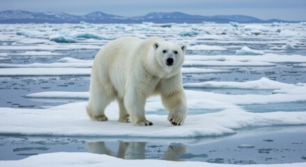 A polar bear stands on a floating ice sheet in the Arctic Ocean. The landscape features icy waters and distant snow-covered mountains.