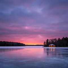 Serene winter twilight lake with pink and purple sky reflections