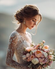 Bride holding a wedding bouquet under warm sunlight, reflecting elegance, romance, and hope.