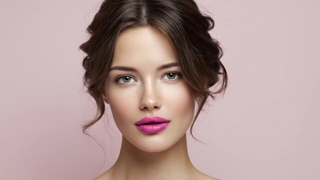 A captivating close-up portrait showcases the beauty of a young adult woman with an elegant updo and soft waves framing her face. Her striking green eyes meet the viewer's gaze, while her lips are enh