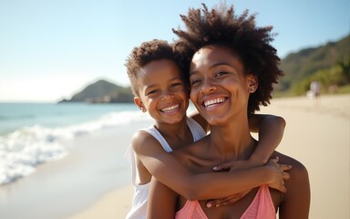portrait of smiling african american mother and son enjoying sunny day at beach. unaltered, family, lifestyle, togetherness, enjoyment and holiday concept. High quality