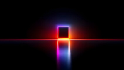 Vibrant rectangular portal emitting intense neon light against a deep black background with reflective surface