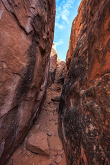 Wandering through the Formations in the Fiery Furnace, Fiery Furnace Hiking Trail, Arches National Park, Utah