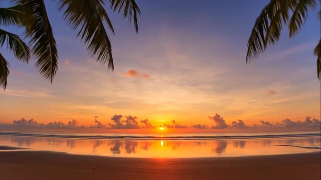 A vibrant tropical sunrise or sunset over the ocean framed by palm trees. Slow zoom shot of a beautiful beach with a golden sun on the horizon. Summer vacation paradise
