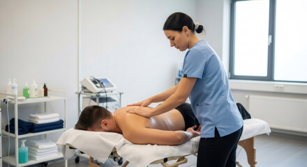 Fototapeta premium Woman masseuse gives a back massage to a man. Physiotherapy and manual therapy session for body health.