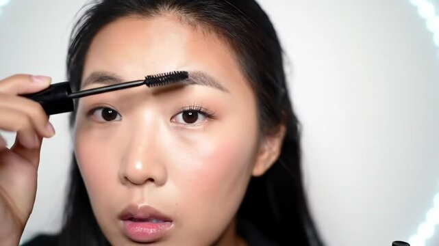 Beautiful young Asian woman meticulously shaping her eyebrows with a spoolie brush, perfecting her look as part of a daily makeup routine