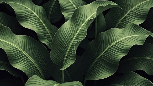A captivating close-up showcases a lush array of vibrant green tropical leaves, set against a deep, dark background. The rich, natural textures and intricate vein patterns of the large foliage create 