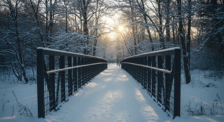 A snow-covered footbridge leads through a tranquil forest as the winter sun shines through the bare trees.