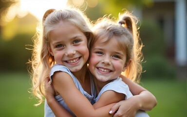 Girl, boy and portrait in family, smile and happy siblings in home backyard, garden and hug together. Kids, brother and sister with love, bonding and care in summer sunshine, outdoor and