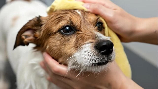 Person drying a wet Jack Russell Terrier with a towel after a bath. Close-up of a cute dog's face during grooming. Pet care and hygiene concept