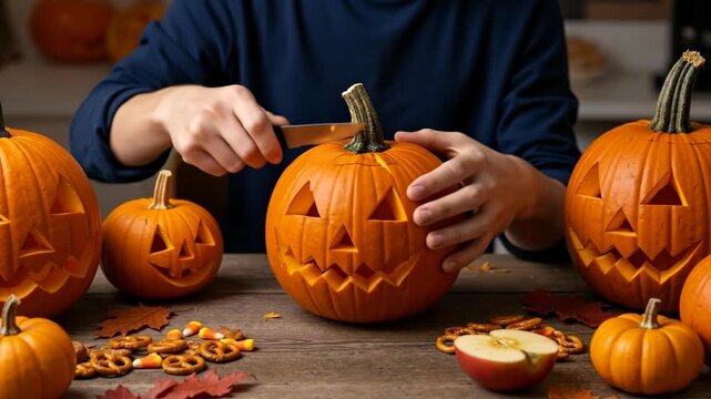 Person carving a jack-o'-lantern for Halloween. Close-up of hands with a knife making a spooky face on a pumpkin. Autumn holiday tradition and festive family activity