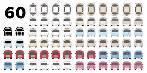 Collection of sixty cartoon cars seen from a top down perspective in various colors and styles