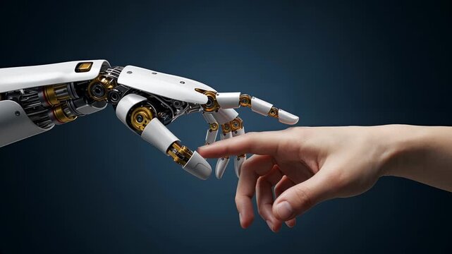 Human and Robot Hand Connection &ndash; Futuristic Symbol of AI and Humanity