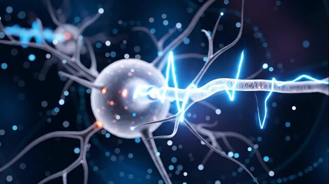 Animation of a neuron firing a nerve impulse. An electrical signal travels down the axon of a nerve cell. Neuroscience and brain communication concept