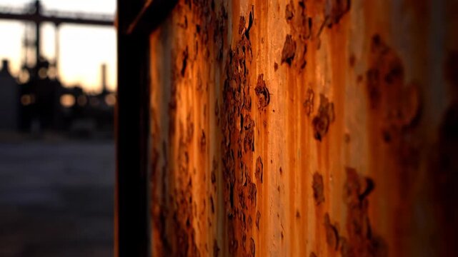 Corroded metal structure with peeling rust lit by golden hour light in an industrial setting, texture footage