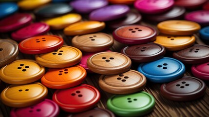 An array of vibrant wooden buttons spread across a rustic wooden surface