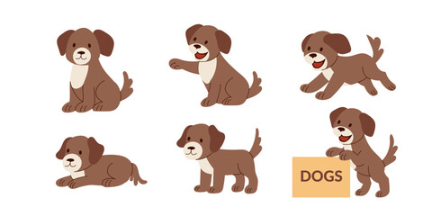 Set of dogs in different poses isolated on white background. Dogs cliparts. Vector flat illustration.	