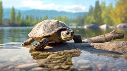 A majestic turtle contemplates life's mysteries at the tranquil lake's edge basking in the sunlight