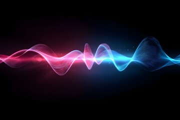 Vibrant abstract sound wave visualization with glowing pink and blue energy particles pulsating across a dark background