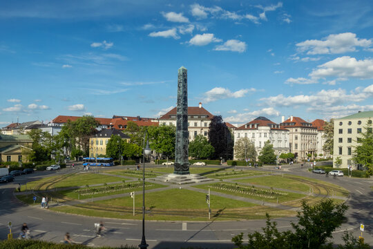 Obelisk and war memorial at Karolinenplatz in Munich with no people visible