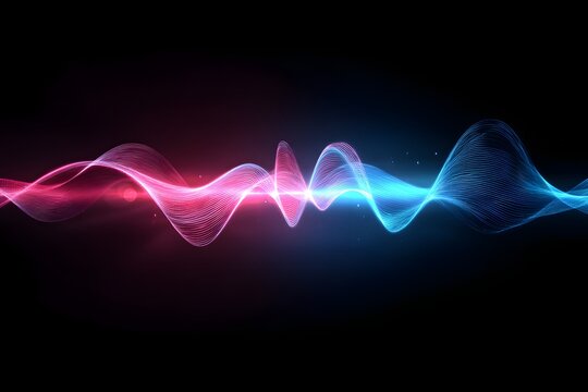 Vibrant abstract sound wave visualization with glowing pink and blue energy particles pulsating across a dark background