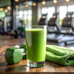 A healthy green smoothie, weights, and towel set on a wood table