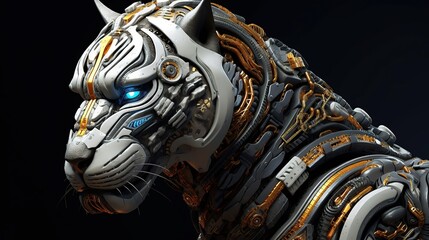 Futuristic mechanical tiger with intricate details and glowing blue eyes