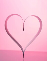A heart shape crafted from a single strip of paper against a pink backdrop