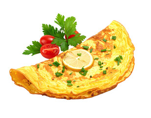 Delicious, golden omelet with vegetables isolated on a pure white background.