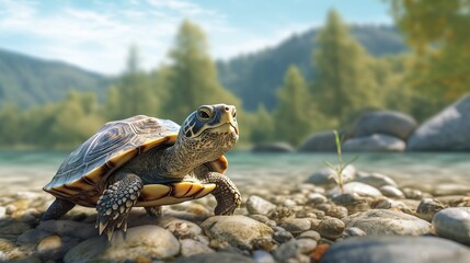 A charming turtle basks in the sun along a pebbled riverbank oasis setting