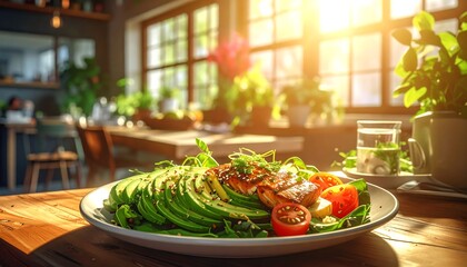 A healthy, vibrant salad with avocado, tomato, and a light, delicious meal