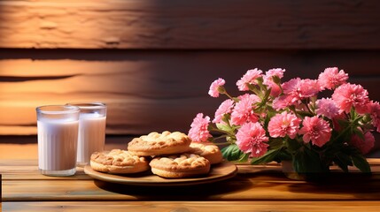Tranquil tableau featuring pastries, glasses of milk and pink carnation blossoms