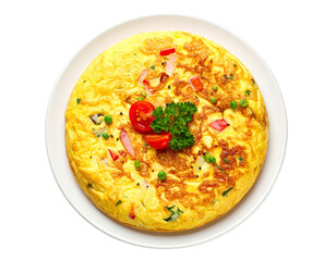 Plain, fluffy yellow omelet isolated on a simple white background, ready to eat.