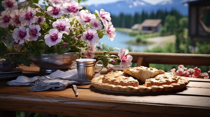 Serene lakeside retreat with fresh pie and floral blooms on rustic table