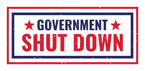 Government Shutdown Typography Vector Design Inside Rectangle|Bold Red and Blue Text with Grunge Texture, Patriotic Style Stamp Layout, Political Economic Crisis Concept, USA Closure Sign Illustration