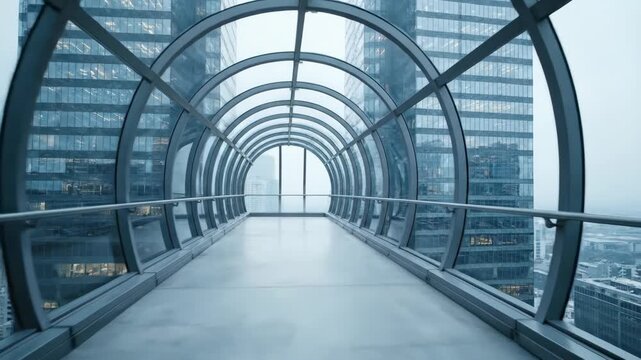 Empty modern skybridge hallway with glass windows connecting skyscrapers, architectural passage footage