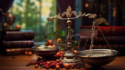Balanced justice, golden scales, books, and berry harmony still life