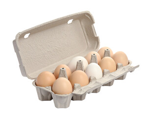 Open cardboard egg carton with brown eggs inside, isolated on white background.