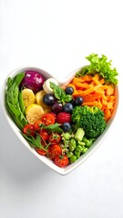 A heart-shaped bowl overflowing with colorful fresh fruits and vegetables