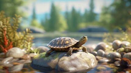 Serene turtle portrait basking in sunlight with calm flowing water background