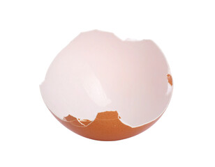 A single broken white eggshell piece isolated on a clean white surface.