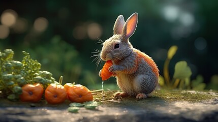 Adorable bunny snacking on a juicy carrot in a lush garden setting serene