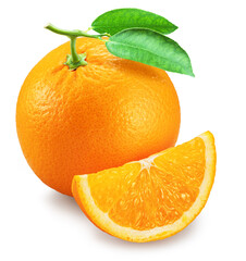 Orange fruit with green leaves and orange slice isolated on white background. File contains clipping path.