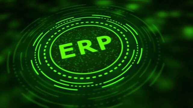 Bright green circle with the word ERP in the center on a dark abstract background Keywords: ERP, enterprise resource planning, business software, management system, technology, digital