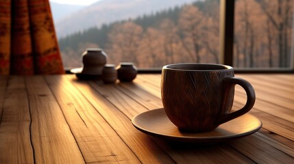 Wooden cup on wooden table enjoying a breathtaking vista of forested mountains