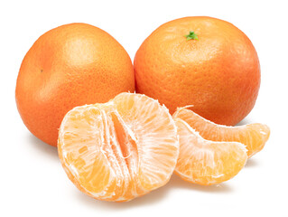 Ripe mandarin fruits and peeled mandarin isolated on white background. © Екатерина Иванова