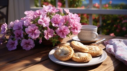Elegant Afternoon Delight: Pastries, Tea, and Pink Petunias in Gentle Sunlight