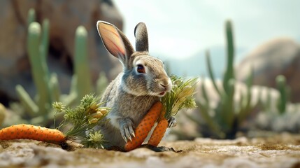 Whimsical hare with carrots in a sun kissed desert environment wildlife